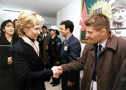 Hakan Yurdadogan and Hillary Clinton at an NGO Center in Ankara during the Presidential visit in 1999